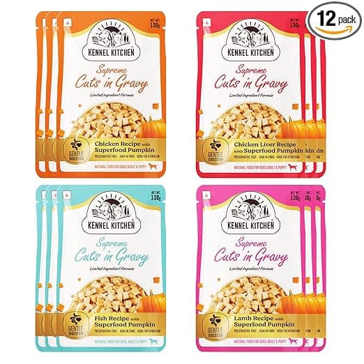 Kennel Kitchen Supreme Cuts in Gravy Variety Pack, 130g (Pack of 12) | Chicken, Chicken Liver, Lamb and Fish Recipe | Wet Dog Food for Adult and Puppy
