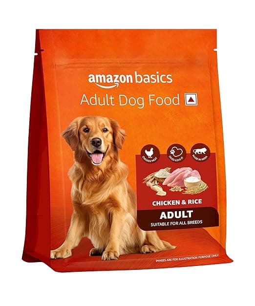 Amazon Basics Dry Dog Food | 1 Kg Trial Pack| Chicken & Rice | with Real Chicken Meat | Kibble for Adult Dogs | Packed with Protein | Suitable for All Breeds
