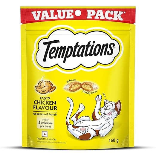 Temptations Cat Treats, Tasty Chicken Flavour, 160g Value Pack, Crunchy Outside Soft Inside, Goodness of Protein, Vitamins & Minerals, No Artificial Flavours, Resealable Pouch​