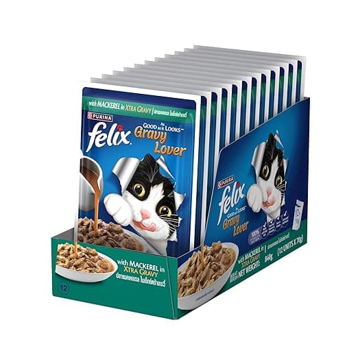 Purina Felix Gravy Lover, Tasty & Real Meaty Mackerel Chunks, Wet Cat Food, Balanced Nutrition, 24 Months, Pack of 12 Pouches (12x70g)