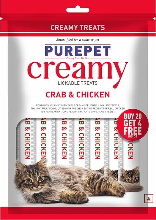 Purepet Creamy Lickable Cat Treats(15g x 24 Pieces) 360g | Crab & Chicken Flavour | Rich in Protein | Taurine for Heart & Vision | Ideal for Training | Promotes Hydration| for Kitten & Adult Cats