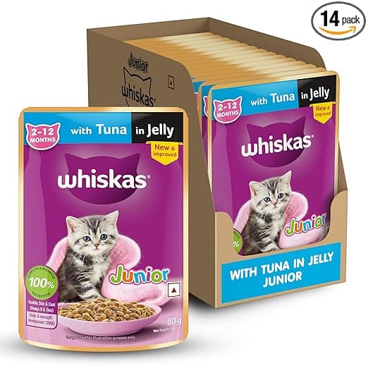 Whiskas Junior Kitten (2-12 Months) Wet Cat Food, Tuna in Jelly, 80 g (Pack of 14), Hydrating Food Made With Real Fish, 100% Complete & Balanced Nutrition for Kittens