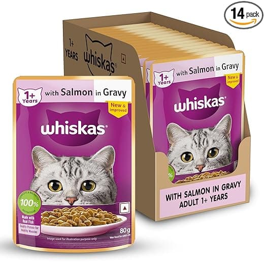 Whiskas Adult (1+ Years) Wet Cat Food, Salmon in Gravy, 80 g (Pack of 14), Hydrating Food Made With Real Fish, 100% Complete & Balanced Nutrition for Adult Cats