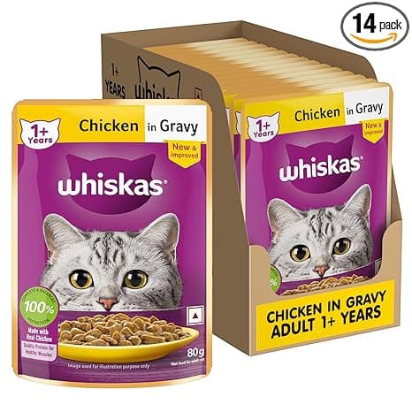 Whiskas Adult (1+ Years) Wet Cat Food, Chicken in Gravy, 80 g (Pack of 14), Hydrating Food Made With Real Chicken, 100% Complete & Balanced Nutrition for Adult Cats