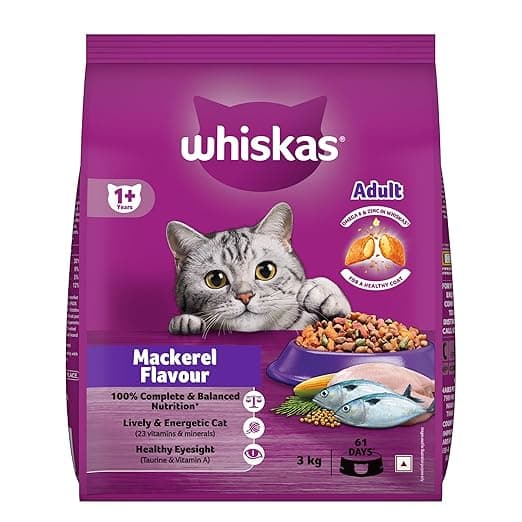 Whiskas Adult (1+ Years) Dry Cat Food, Mackerel Flavour, 3 kg, Contains 41 Essential Nutrients, Complete & Balanced Nutrition for Adult Cats