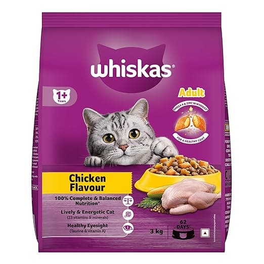 Whiskas Adult (1+ Years) Dry Cat Food, Chicken Flavour, 3 kg, Contains 41 Essential Nutrients, Complete & Balanced Nutrition for Adult Cats