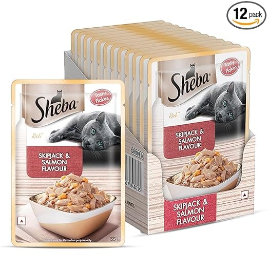 Sheba Rich Premium Adult (1+ Years) Wet Cat Food, Skipjack & Salmon Flavour, 35 g Pouch (Pack of 12), High-moisture wet food for healthy hydration