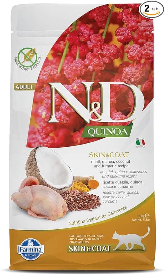 Farmina N&D Quinoa Skin & Coat Cat Food | Grain-Free | Quail, Quinoa, Coconut & Turmeric | Supports Healthy Skin & Coat | 1.5kg