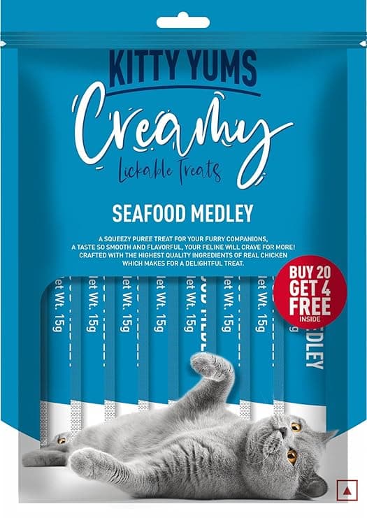 Kitty Yums Adult & Kitten Creamy Lickable Cat Treats 360g (15g x24 Pieces) | Seafood Medley Flavour | Rich in Protein | Taurine for Heart & Vision | Ideal for Training & Bonding | Promotes Hydration - View 1