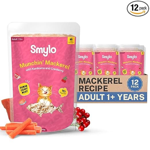 Smylo Natural Healthy Adult Cat Wet Food (1+ yrs) 70g x 12 Packs | Mackerel, Kanikama & Cranberry | for Healthy Skin & Coat, Supports Digestion | No Preservatives & Grain Free | Vet-Formulated