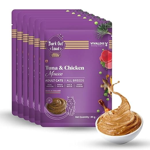 BARK OUT LOUD- Wet Adult Cat Food | Fresh Tuna & Chicken | Taurine | Salmon Oil- Omega Taurine| Gravy Cat Food for All Breeds | Pack of 6 (85 G x 6) - View 1