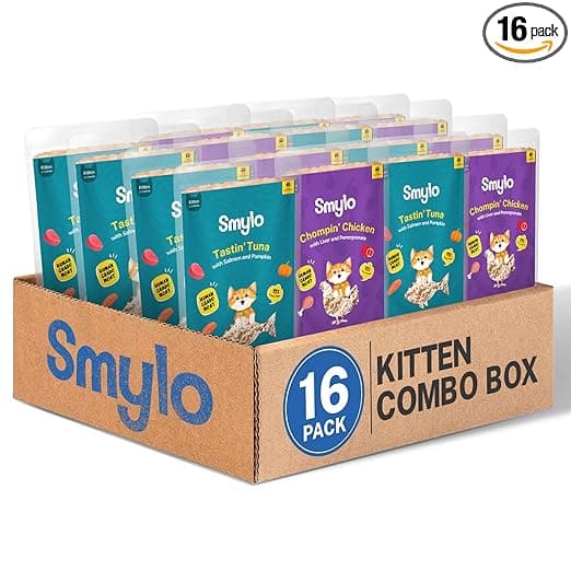 Smylo Natural Healthy Kitten Wet Food (2-12 Months) 70g x 16 Packs | Variety Combo of Tuna & Salmon and Chicken & Liver Recipes | Grain Free, No Preservatives, No by-Products | Vet-Formulated
