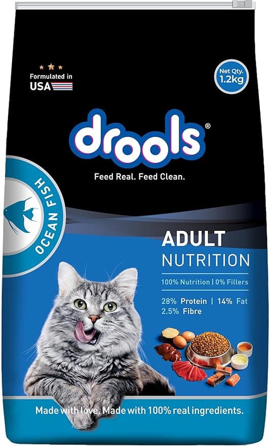 Drools Adult Dry Cat Food 1.2kg Pack | Ocean Fish Flavour |Taurine That Helps Maintain a Healthy Heart | Healthy Skin & Beautiful Coat | Complete Nutrition | Digestive Health | Healthy Growth